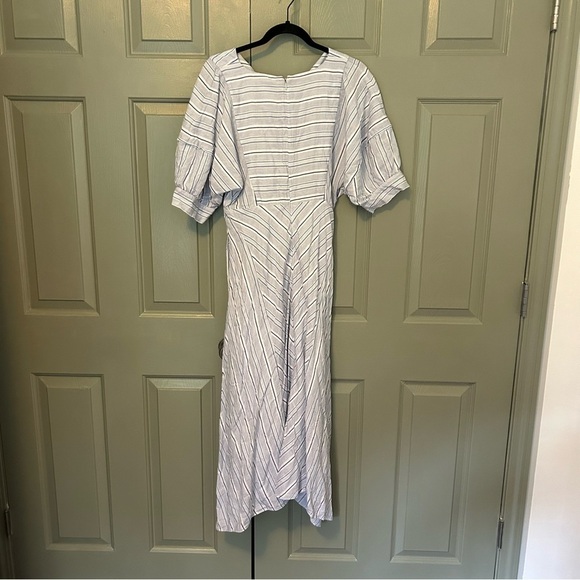 Rebecca Taylor Cotton Striped Blue and White Tie Waist Midi Dress - Picture 4 of 5